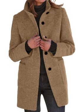 🆕 Chartou Women's Camel Long Wool Blend Stand Collar Single Breasted Pea Coats